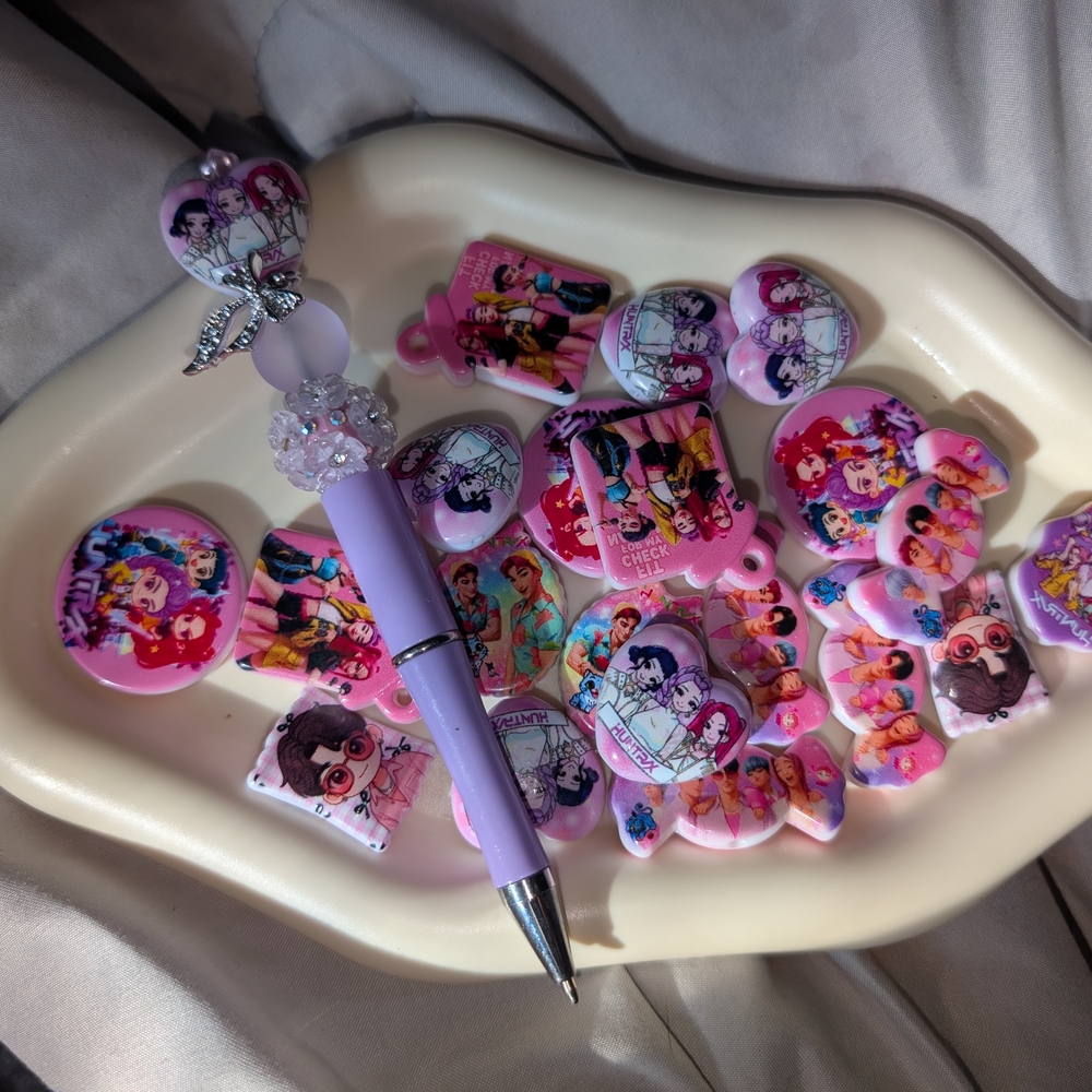 Kids Cartoon Character Charm Set with Pen - Pink